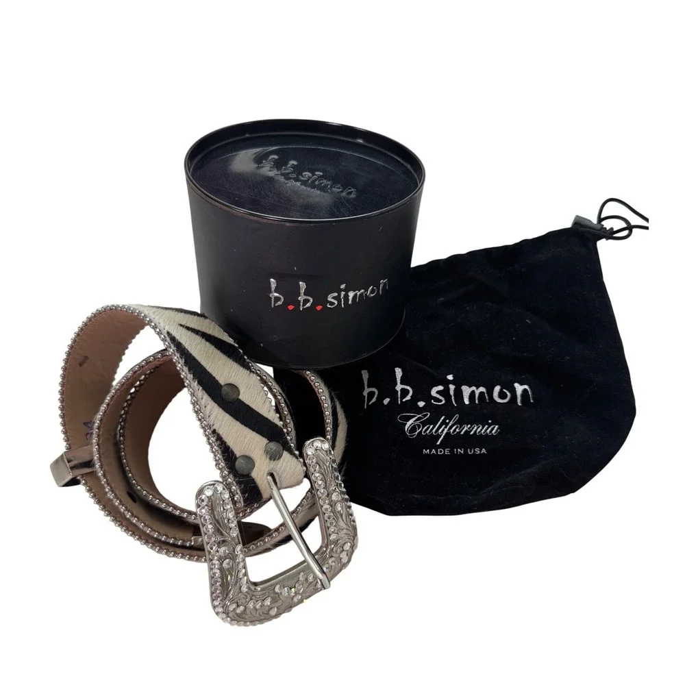 B.B. Simon Crystal Embellished Zebra print Pony Hair Western Belt